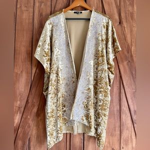 Embroidered Velvet Longline Open Front Cardigan Kimono